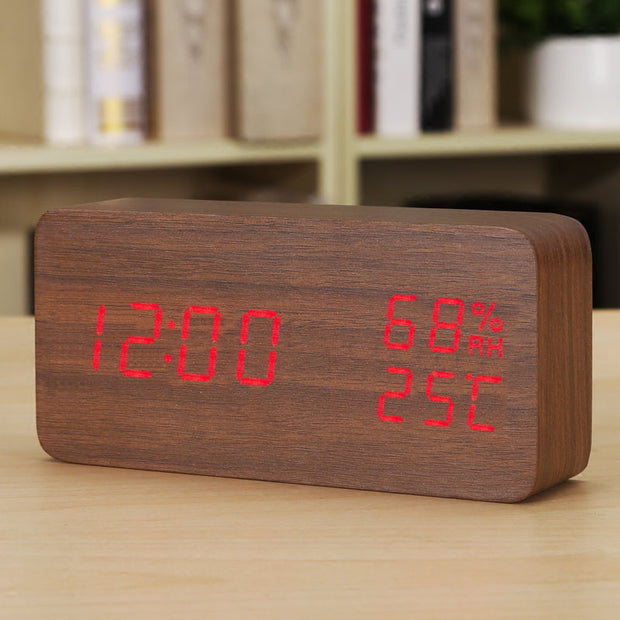 Baby Room Humidity Alarm Clock Wooden Clock Led Luminous Silent Alarm Clock Multifunctional Electronic Clock